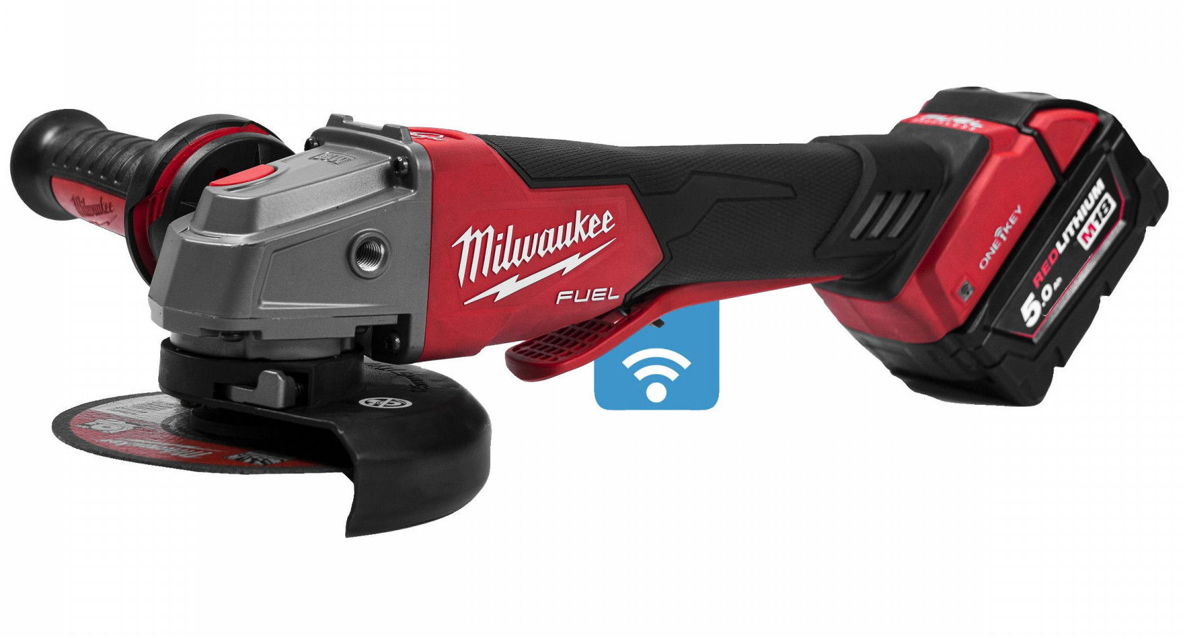 Milwaukee M18 ONEFSAG125XPDB-502X akkus ONE-KEY™ FUEL™ RAPIDSTOP™ szénkefe nélküli sarokcsiszoló (2 x 5.0 Ah Li-ion akkuval) termék fő termékképe