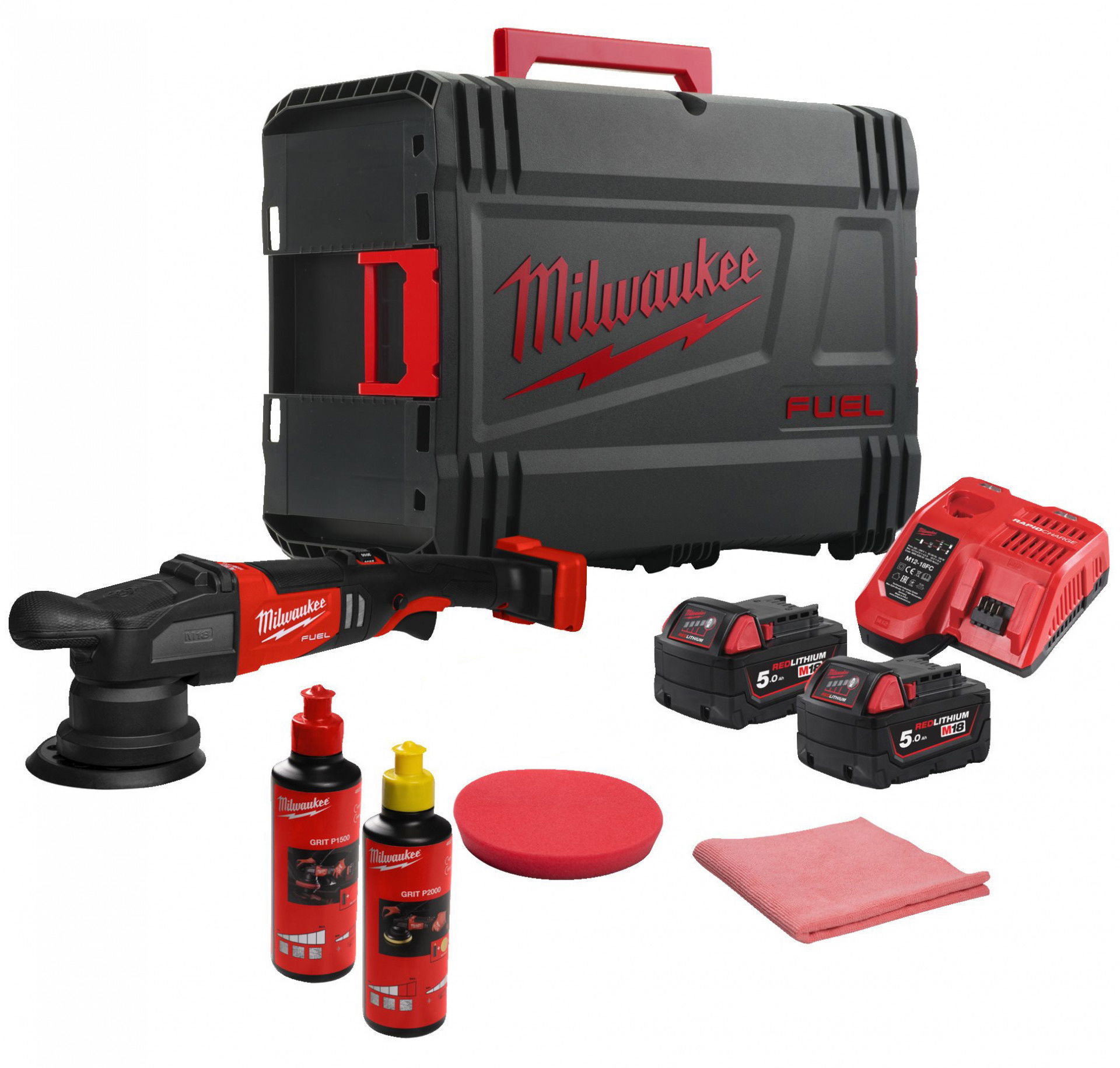 Milwaukee M18 FROP15-502X KIT FUEL™ akkus szénkefe nélküli excenteres polírozó (2 x 5.0 Ah Li-ion akkuval) termék fő termékképe