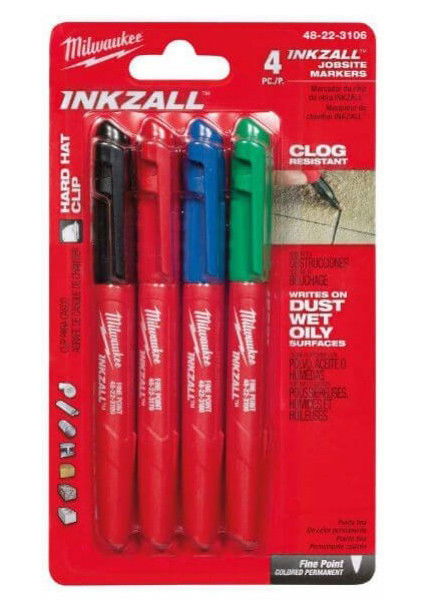Milwaukee INKZALL™ jelölő filc, 1 mm vékony tartós hegy, kék, piros, zöld és fekete, 4 db/csomag termék fő termékképe