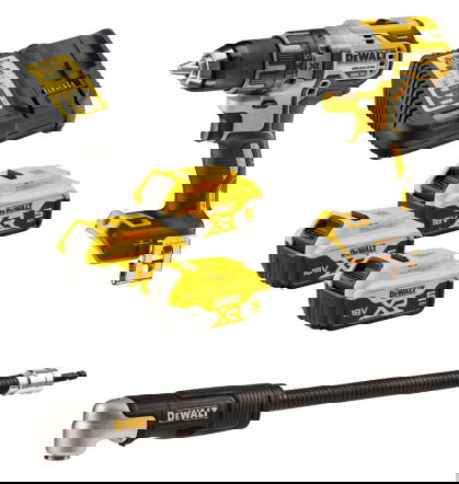 Dewalt DCD791P3A szénkefe nélküli akkus fúró-csavarozó + DT20502 sarokcsavarozó adapter (3 x 5.0 Ah Li-ion akkuval) termék fő termékképe